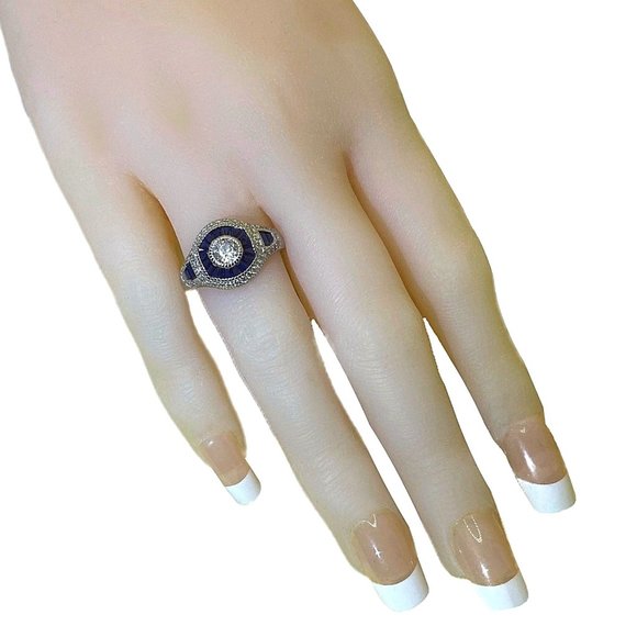 Sapphire Blue Spinel & Synthetic Diamond Deco Ring - Size 6 OR 7 - Picture 4 of 5